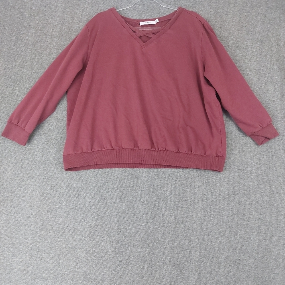 JUSTFAB WOMENS MAROON BURGUNDY CRISS-CROSS NECK 3/4 SLEEVE SWEATSHIRT SIZE 1X